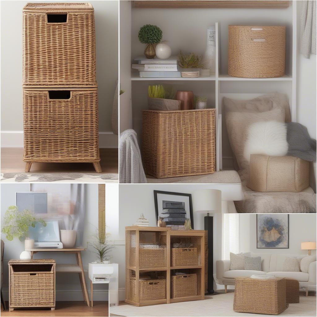 Versatile uses of 11 inch wicker storage cubes in living room, bedroom, and office