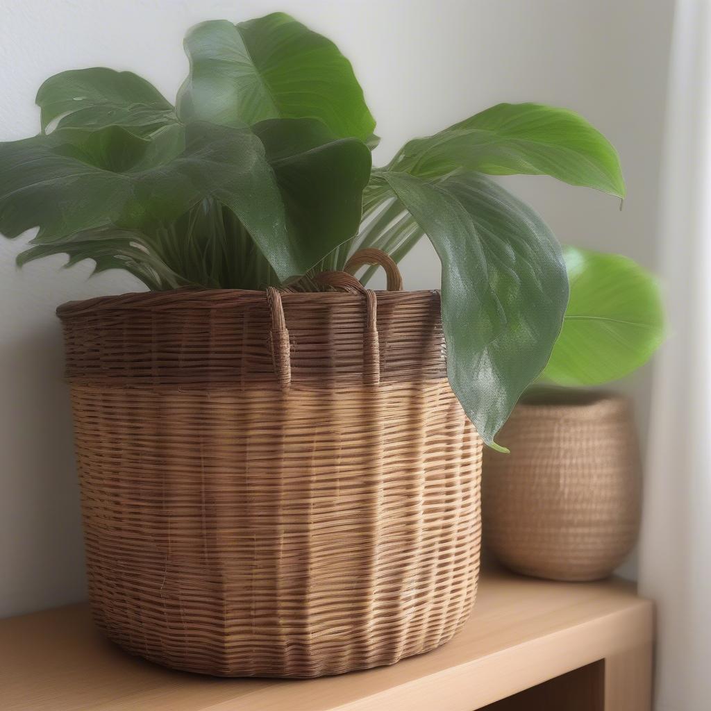 An 11x11 wicker basket used as a stylish planter, showcasing a creative alternative use.