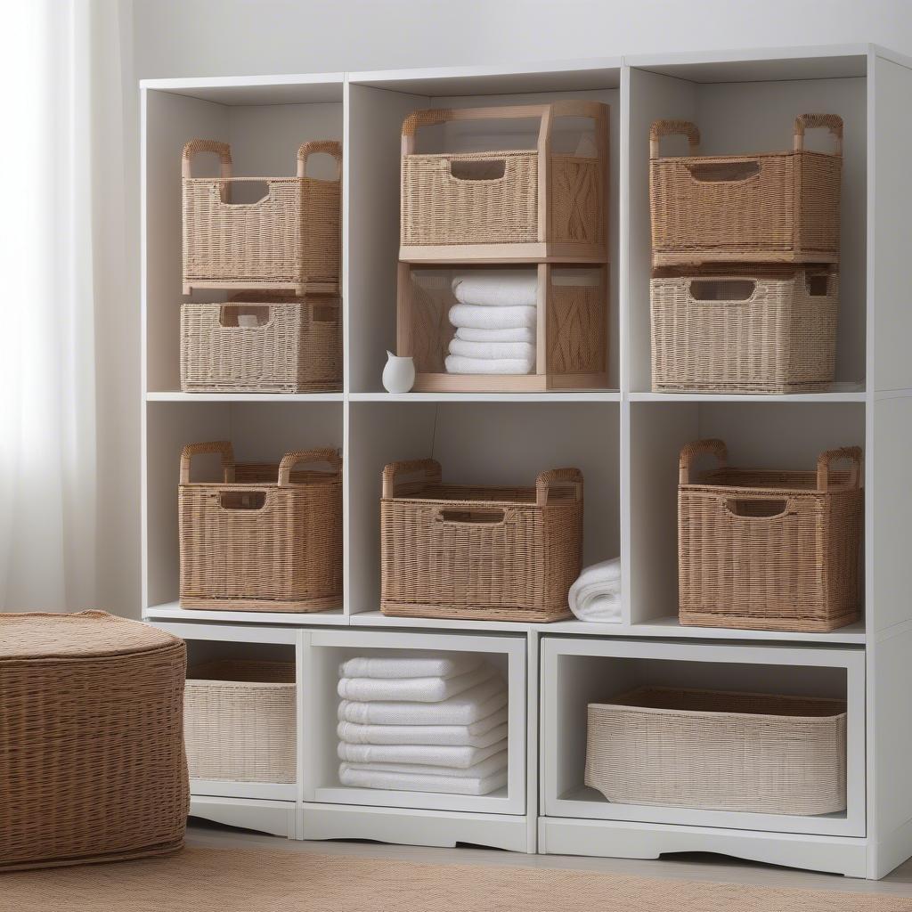 11x11 wicker storage baskets neatly organized in a white cube shelving unit.