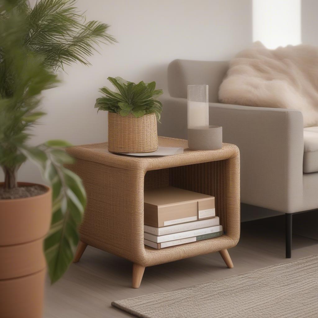 11x11 wicker storage cube used as a side table in a living room with plants and books on top