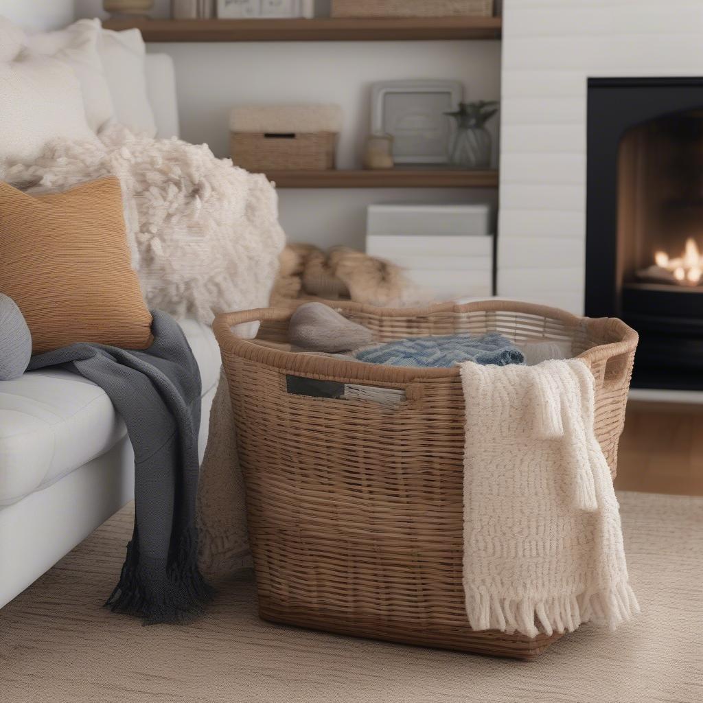 12x12 wicker storage basket in a living room setting