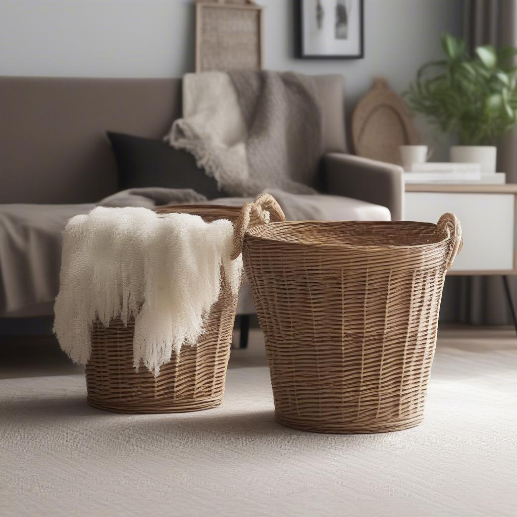 A 13 inch wicker storage basket used as home decor in a living room setting.