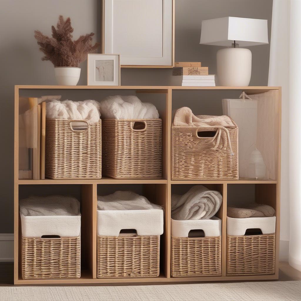 13 inch wicker cube storage bins used as stylish storage in a living room setting