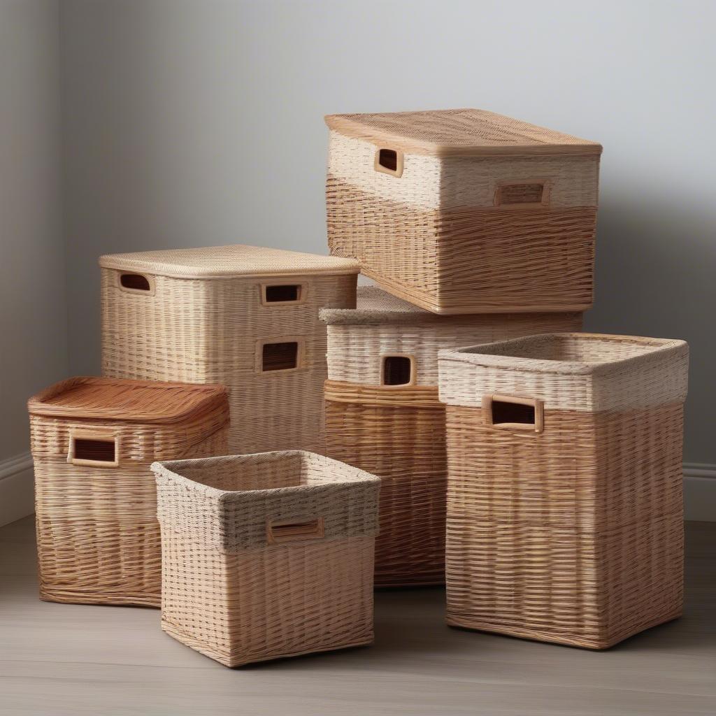 Various 13 inch wicker storage baskets showcasing different weaves, shapes, and colors.