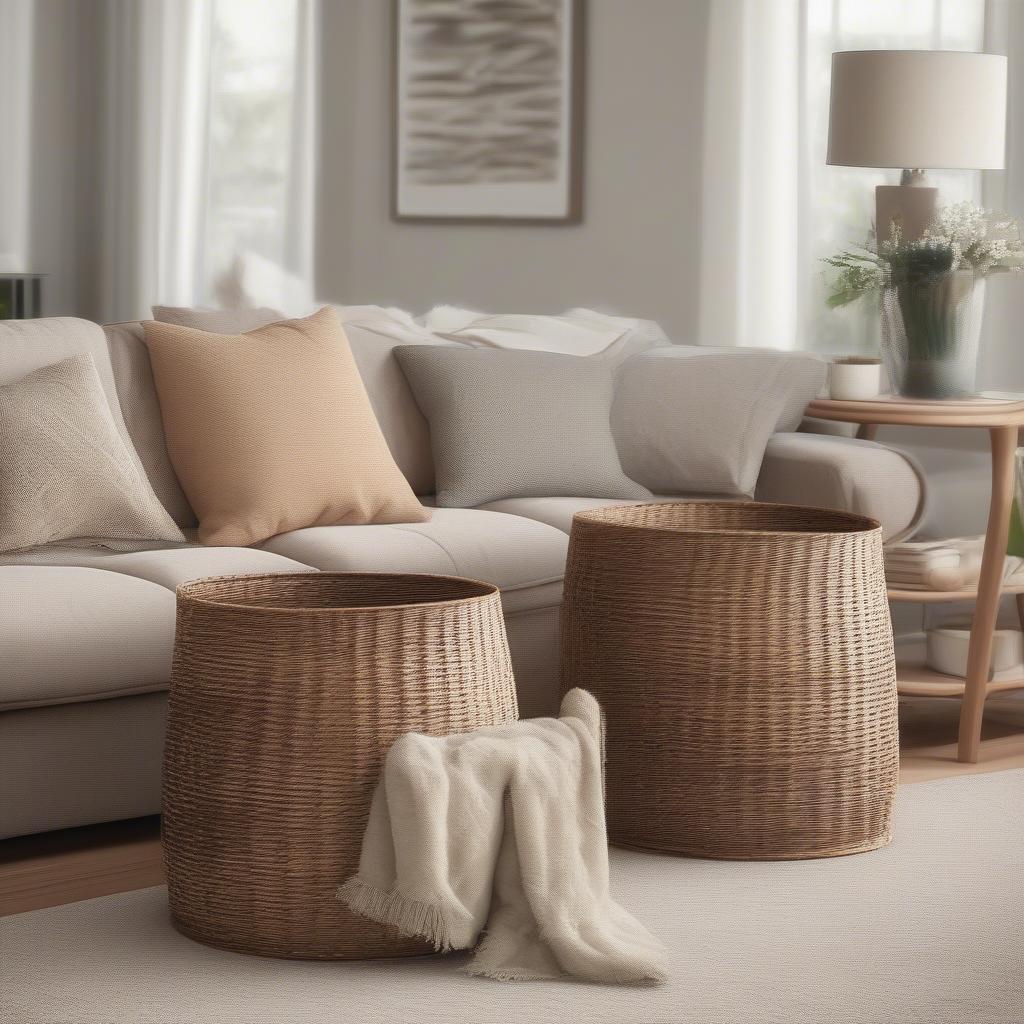 13x13 wicker storage bins neatly organizing blankets and pillows in a cozy living room setting