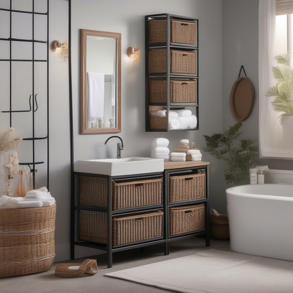 A 3-drawer iron and wicker cabinet placed in a bathroom, showcasing its use as a storage unit for toiletries and towels.