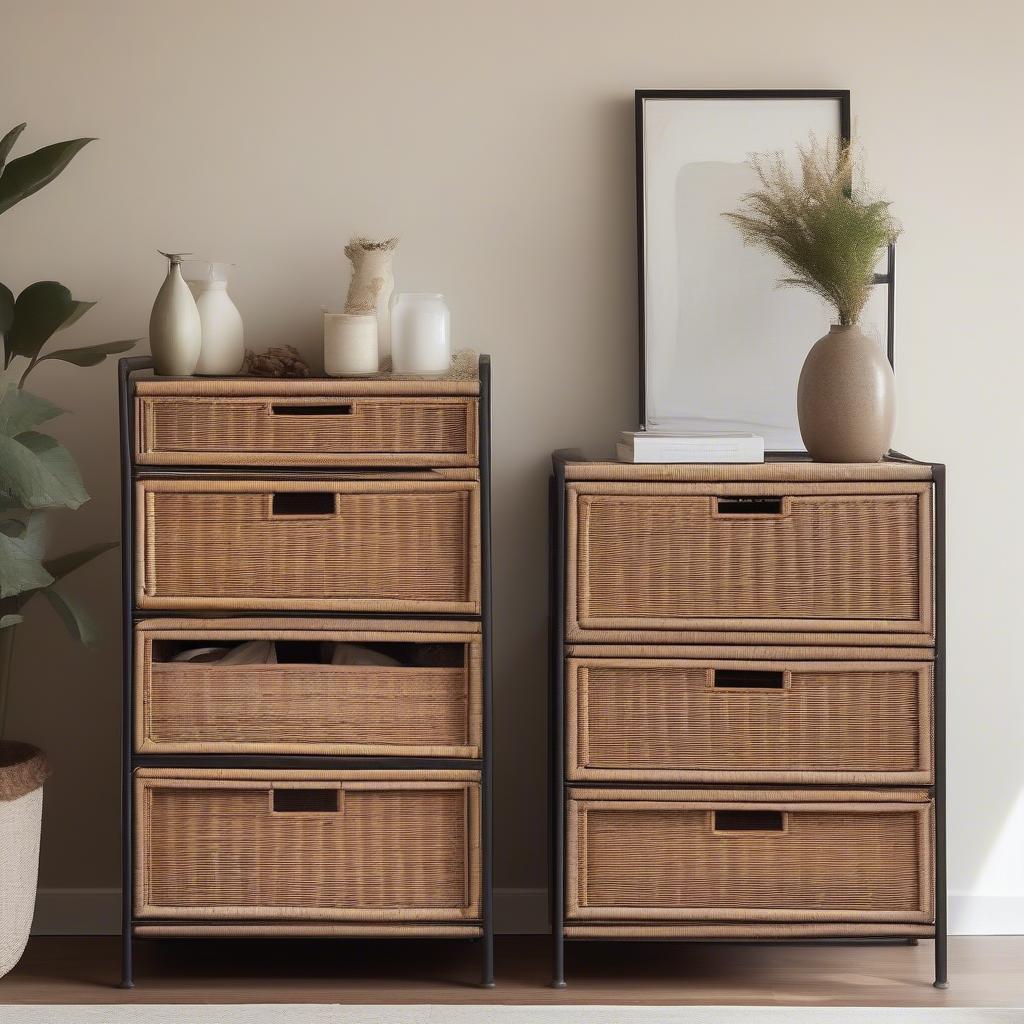 A stylish 3-drawer iron and wicker cabinet in a modern living room setting, showcasing its natural and industrial aesthetic.