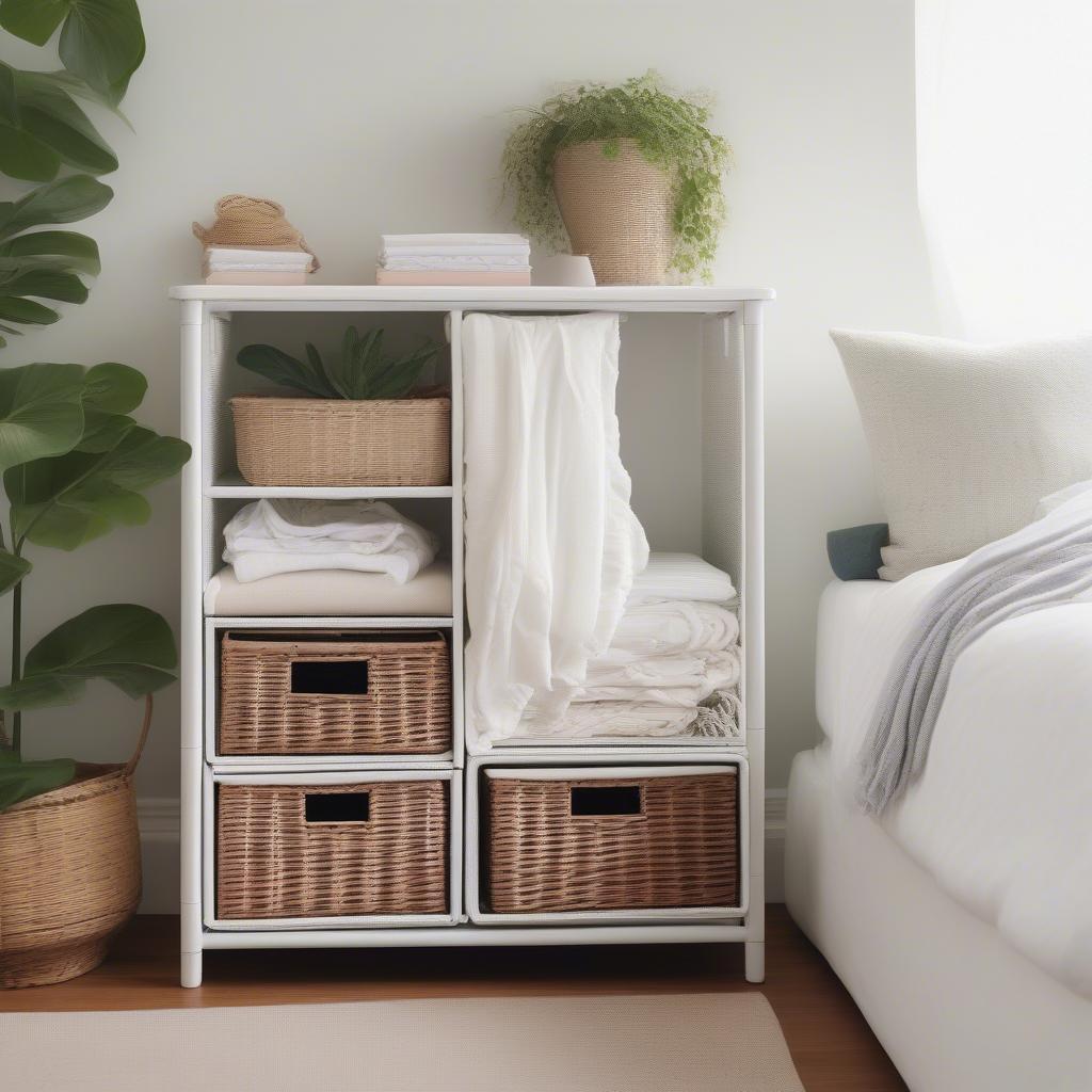 3 Drawer White Wicker Storage Unit in a Bedroom Setting