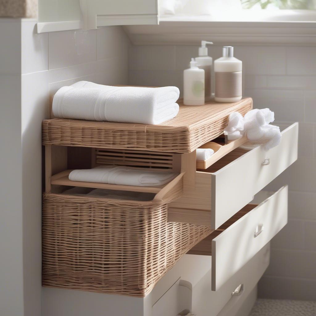 3 drawer wicker chest organizing towels and toiletries in a bathroom