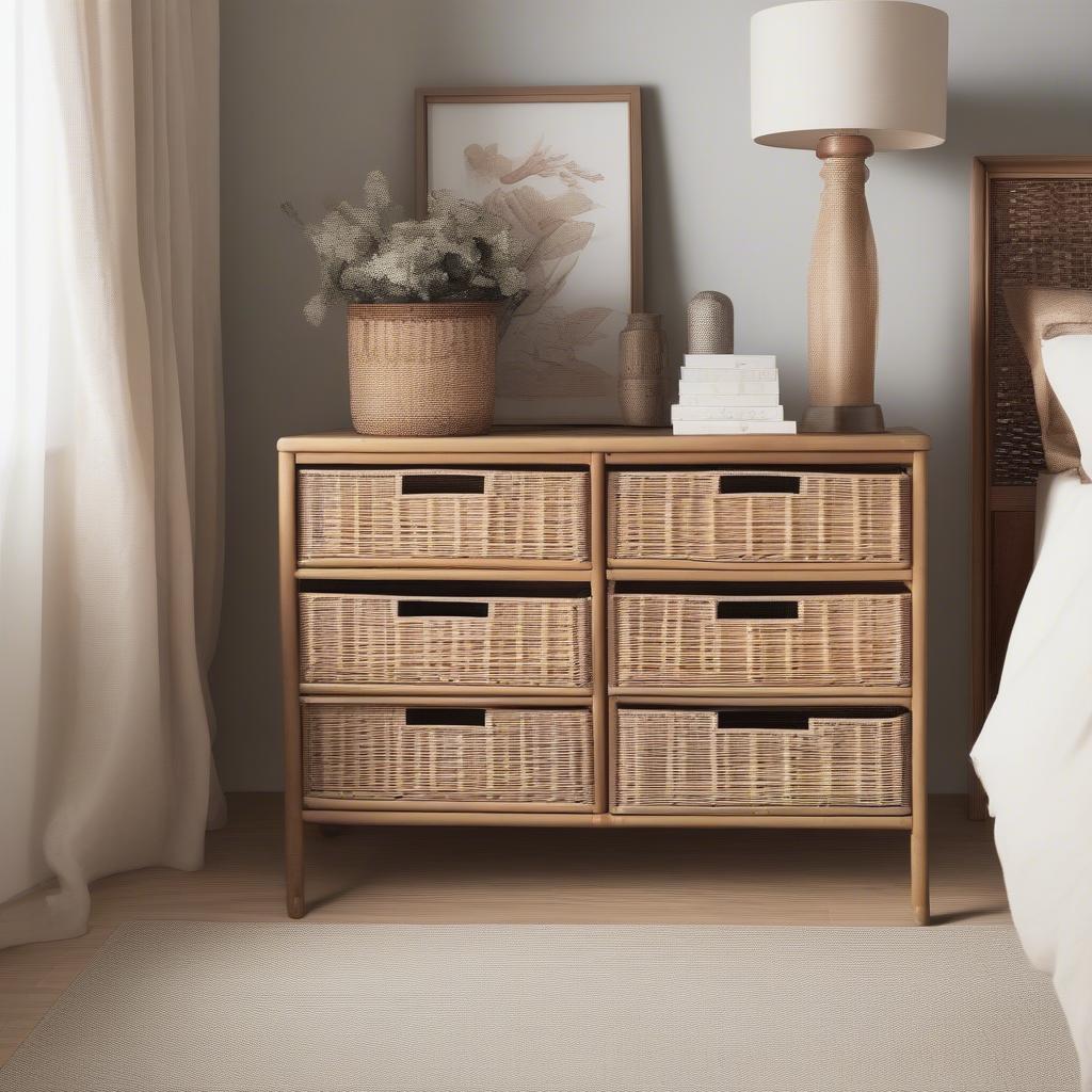 3 Drawer Wicker Storage Cabinet in a Modern Bedroom Setting