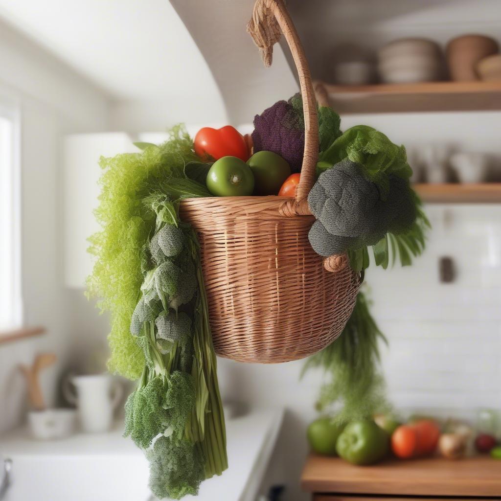 3 Tier Hanging Wicker Storage Basket in a Kitchen Setting