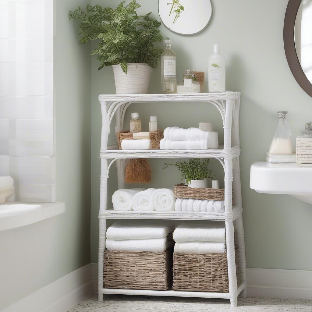 3 Tier White Wicker Storage Unit in a Bathroom Setting