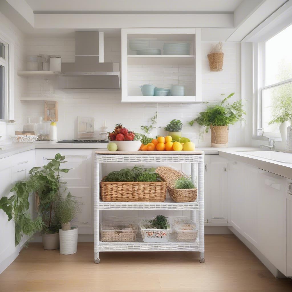 3 Tier White Wicker Storage in a Kitchen