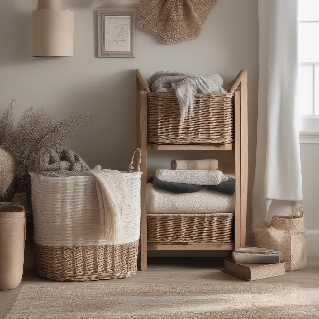 3 Tier Wicker Basket Storage in Living Room Setting