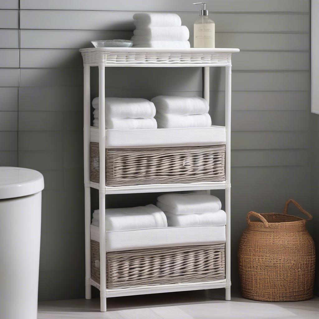 3 Tier Wicker Storage Unit in a Bathroom: This image showcases a white 3-tier wicker storage unit neatly tucked into a bathroom corner, holding towels, toiletries, and other bathroom essentials, demonstrating its practical organization capabilities.