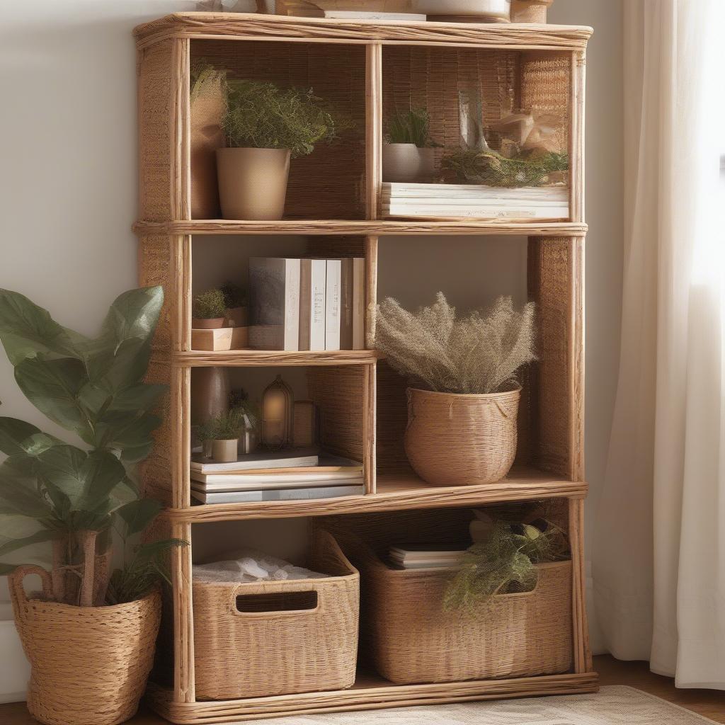 3 Tier Wicker Storage Cubby in Living Room Setting