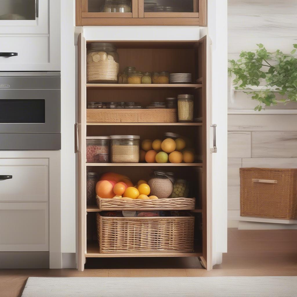 3 Tier Wicker Storage Unit in a Kitchen: This image displays a 3-tier wicker storage unit used in a kitchen setting to hold fruits, vegetables, and other pantry staples, emphasizing its versatility and practicality in different areas of the home.