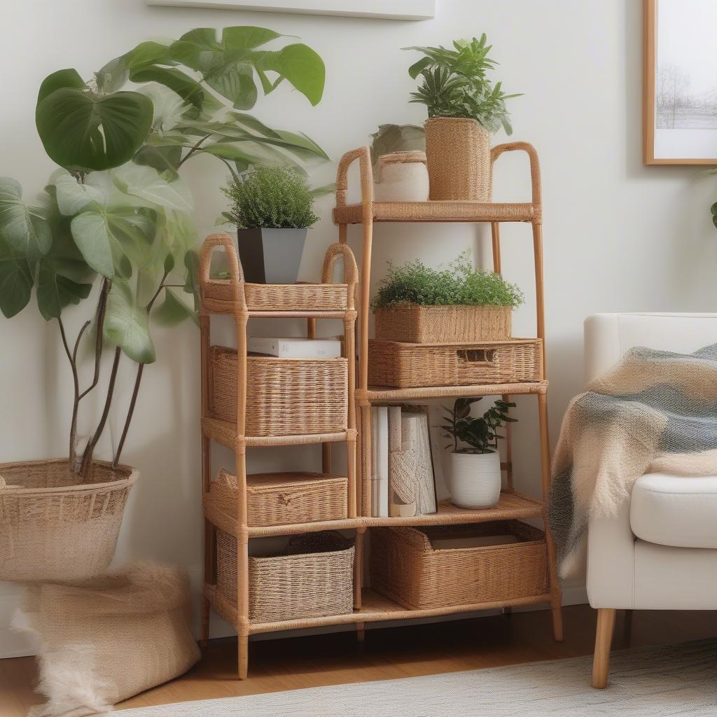 3 Tier Wicker Storage Unit in a Living Room: This image presents a 3-tier wicker storage unit used as a decorative and functional piece in a living room, holding books, plants, and decorative objects, demonstrating how it can seamlessly blend into various interior design styles.