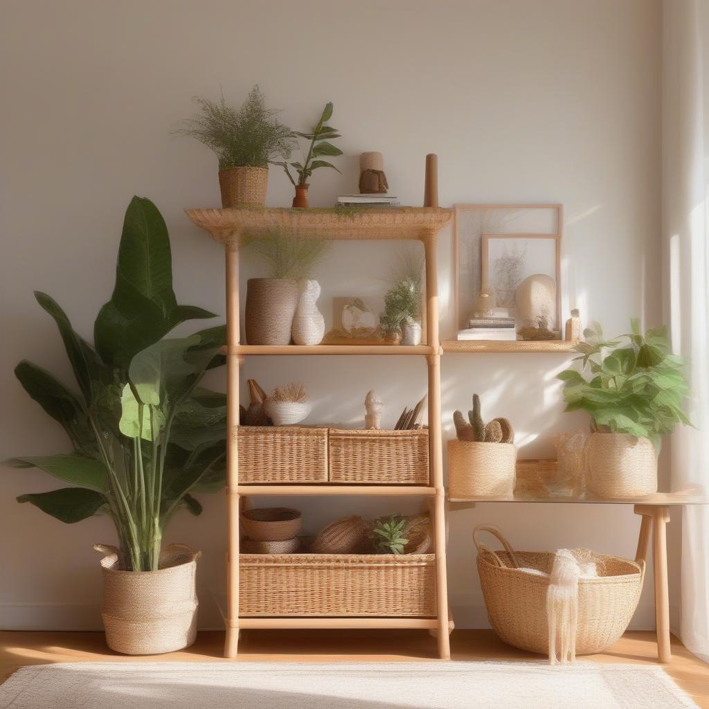 3 Tier Wicker Storage Shelf in a Living Room Setting