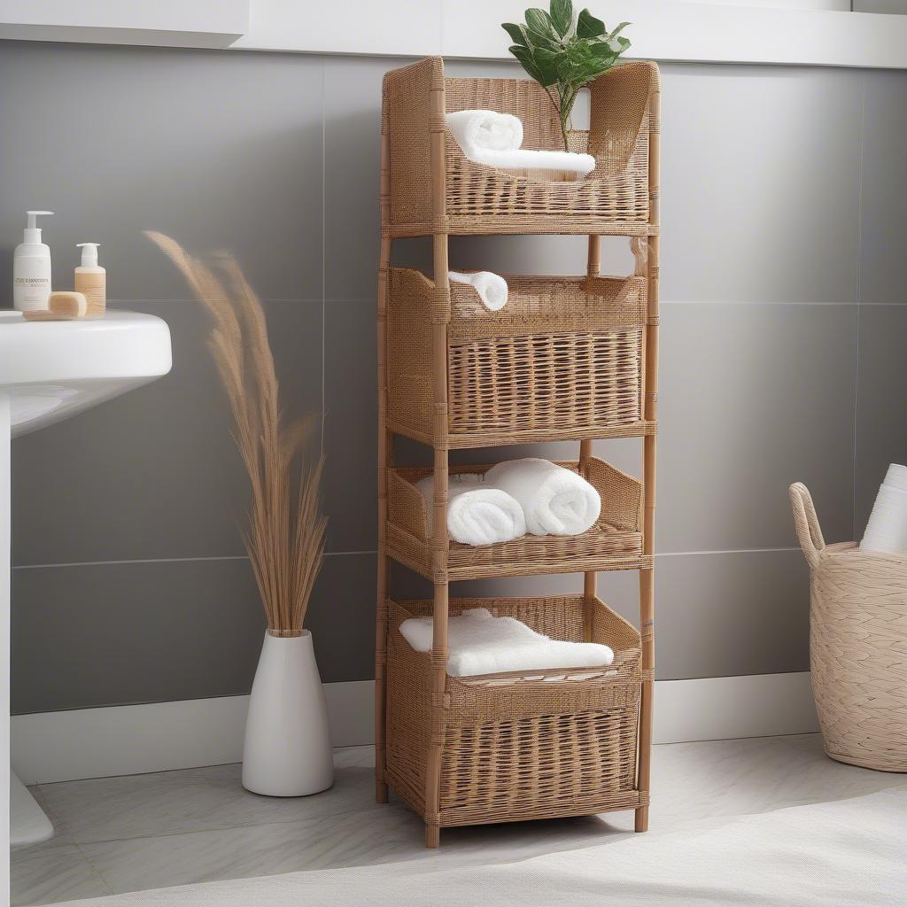 3 Tier Wicker Storage Tower in a Bathroom Setting