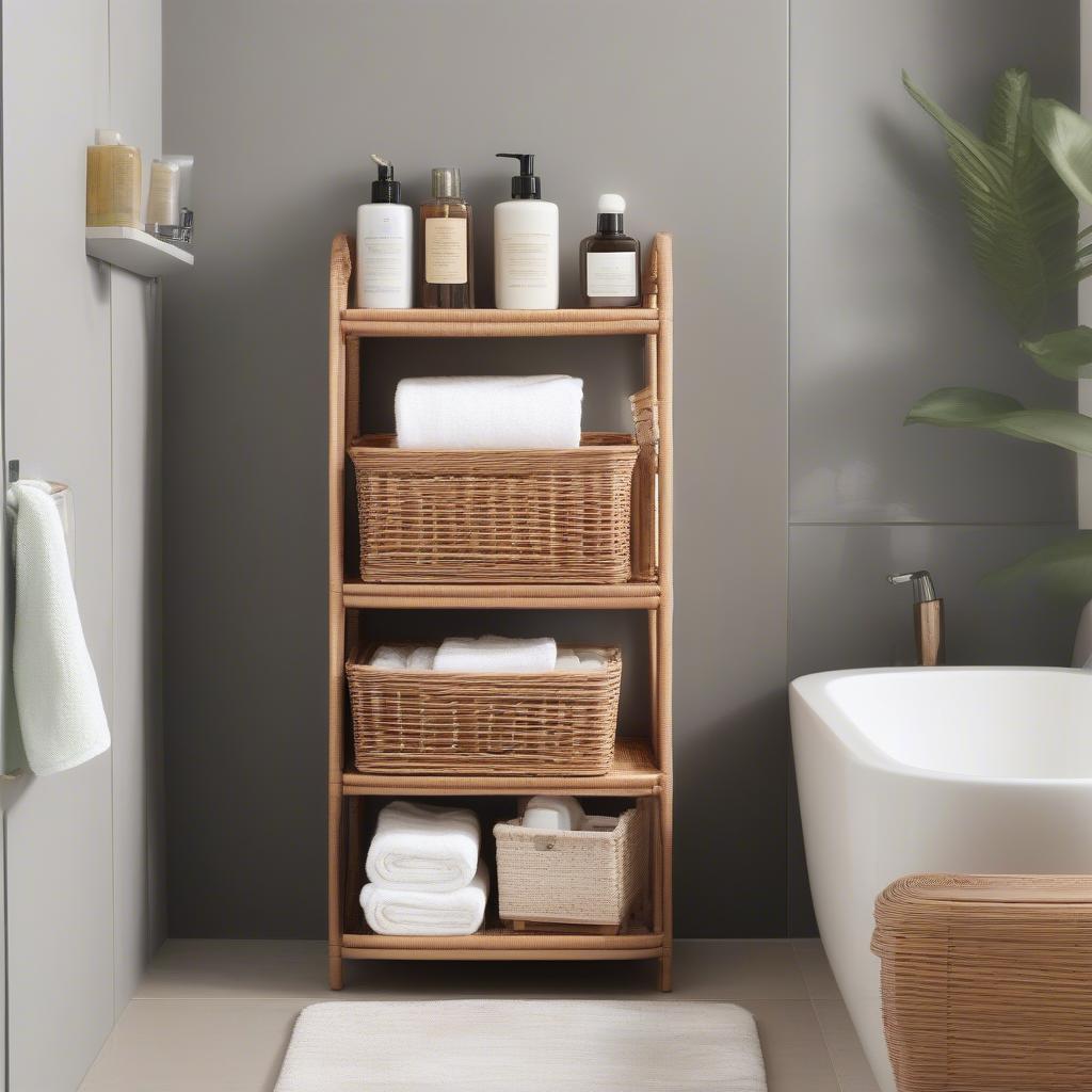 3-Tier Wicker Storage Unit in a Bathroom Setting