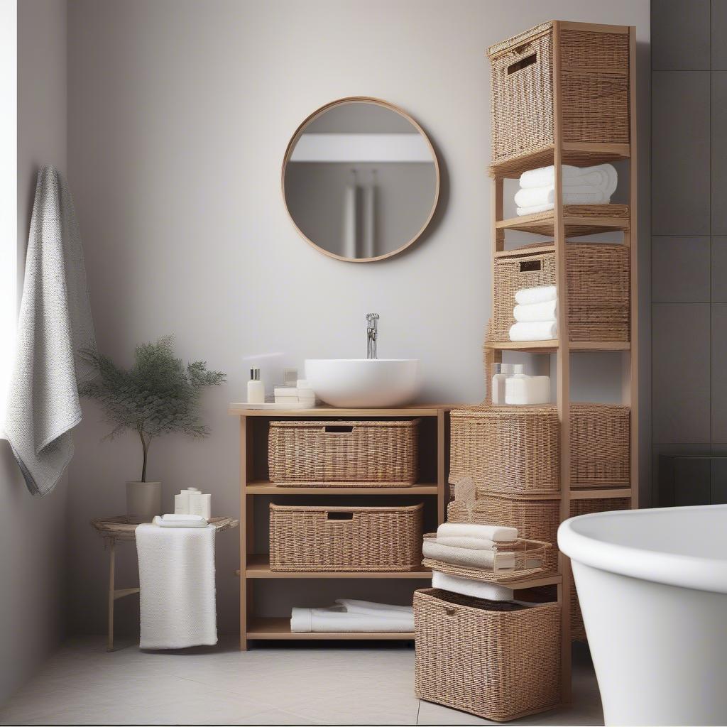 3 Wicker Basket Storage Unit in Bathroom