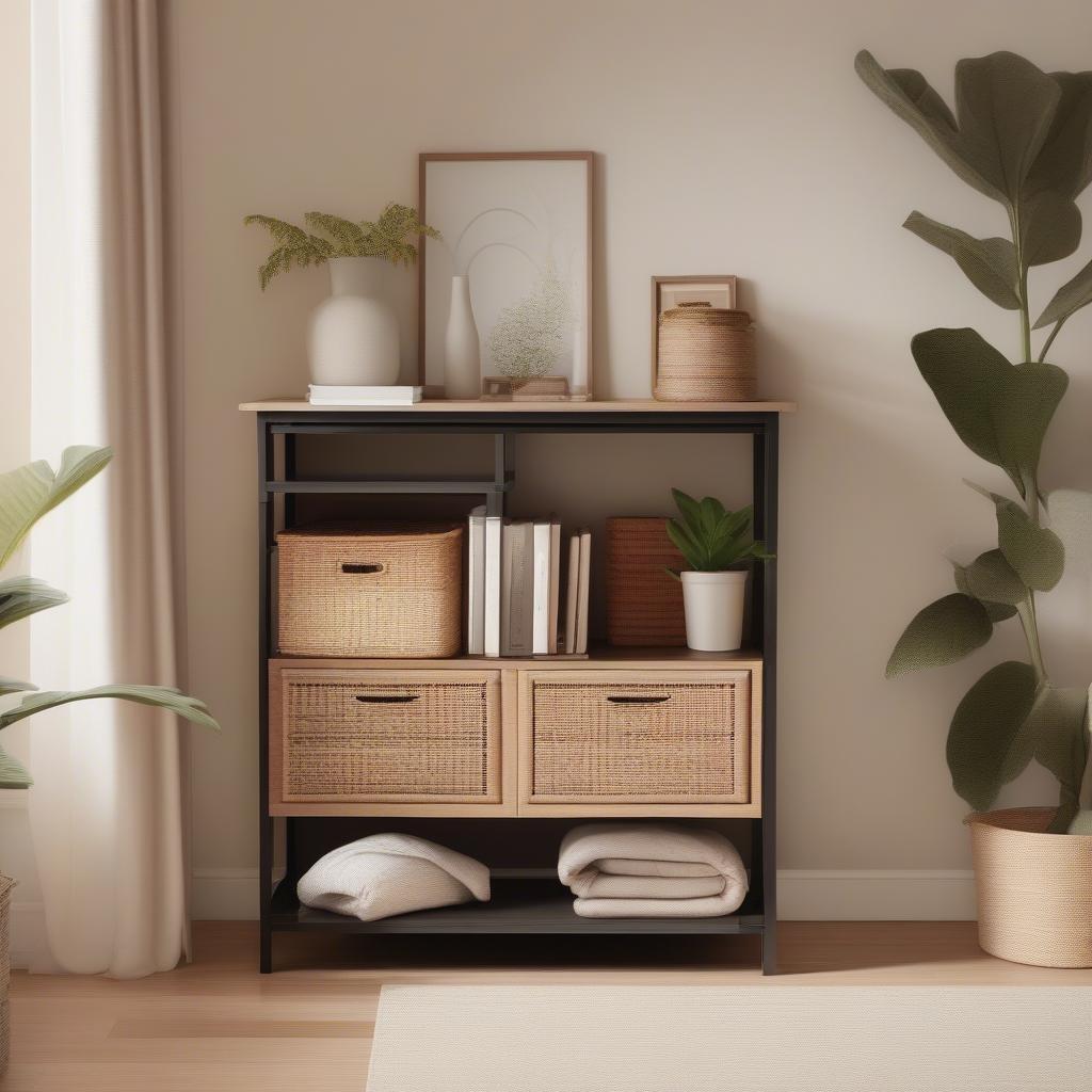 4 Drawer Low Wicker Storage Unit in a Living Room Setting