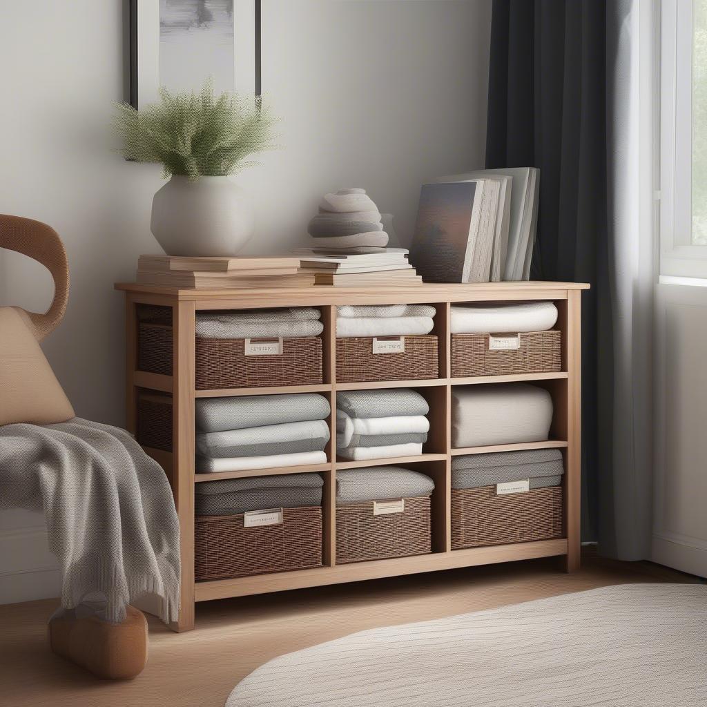 4 Drawer Wicker Storage Unit in a Living Room Setting