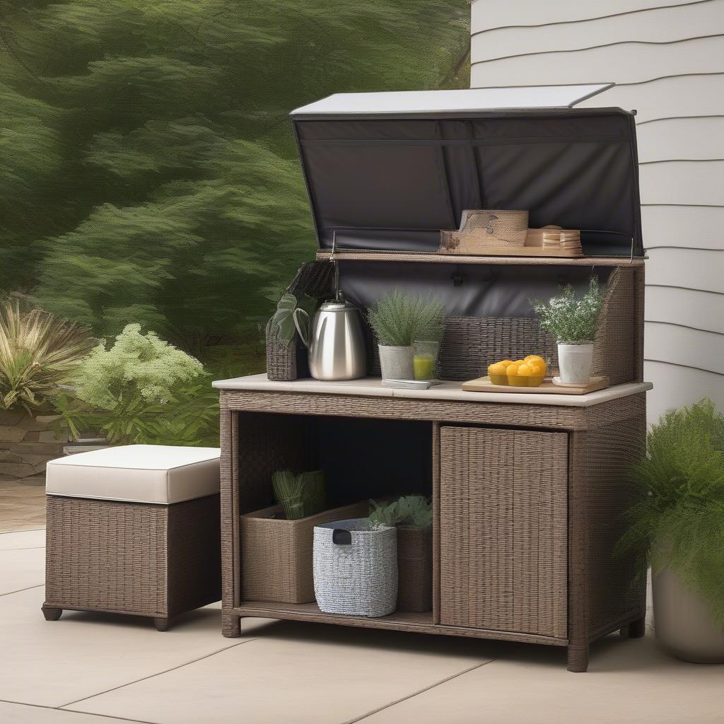 Wicker storage and prep station on a patio with cushions inside and drinks being prepared on the prep surface