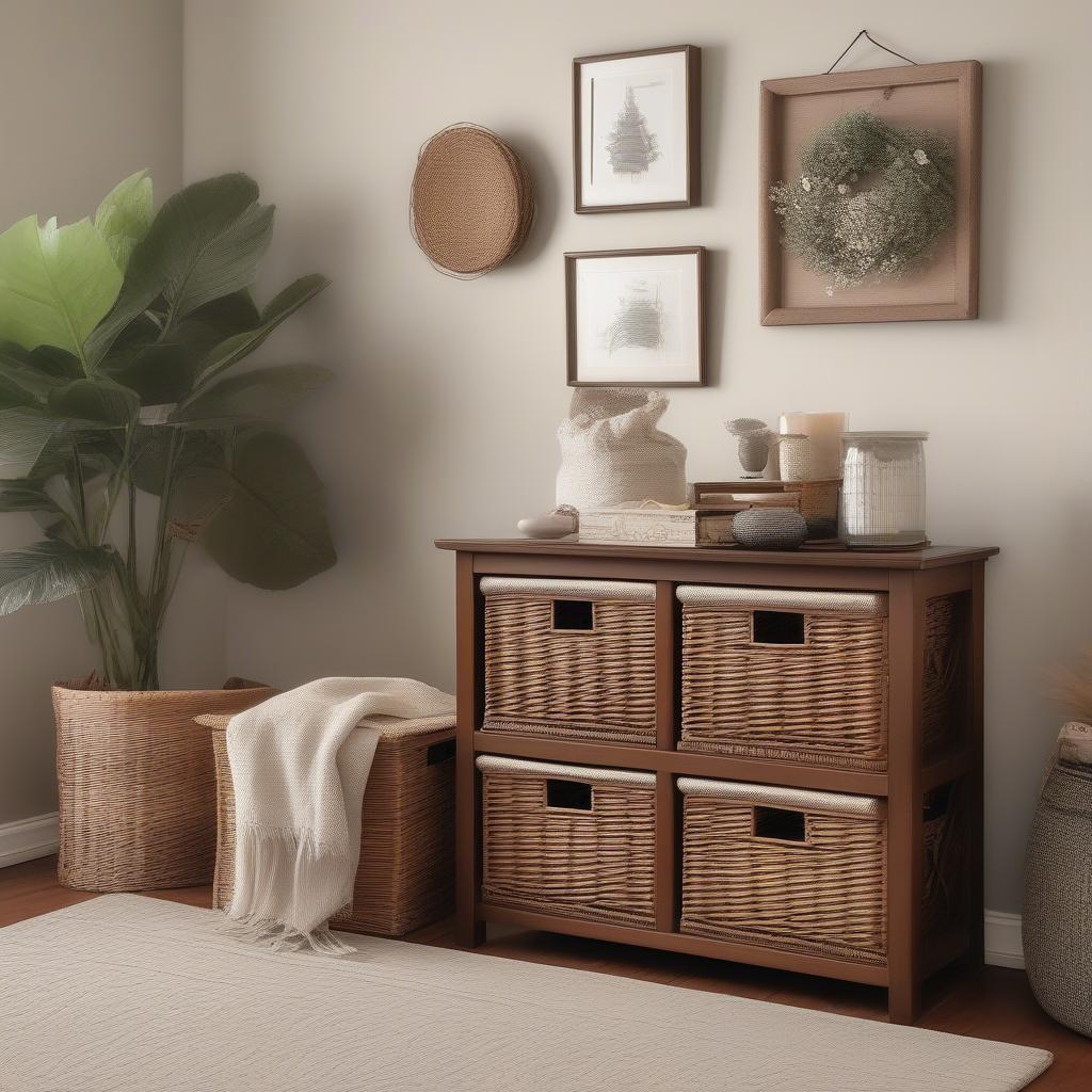 5-Basket Wicker Storage Chest in a Living Room Setting