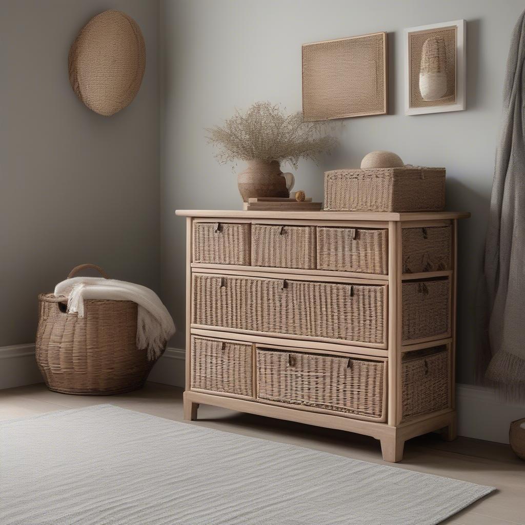 5 Drawer Wicker Storage Chest in a Living Room Setting