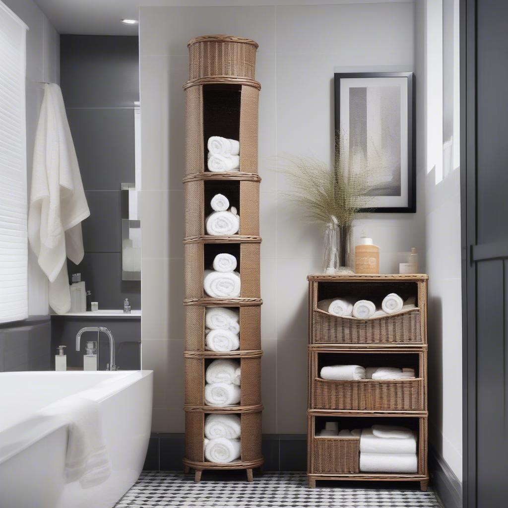 5 Wicker Basket Storage Tower in a Bathroom