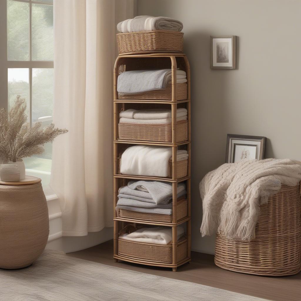 5 Wicker Basket Storage Tower in a Living Room