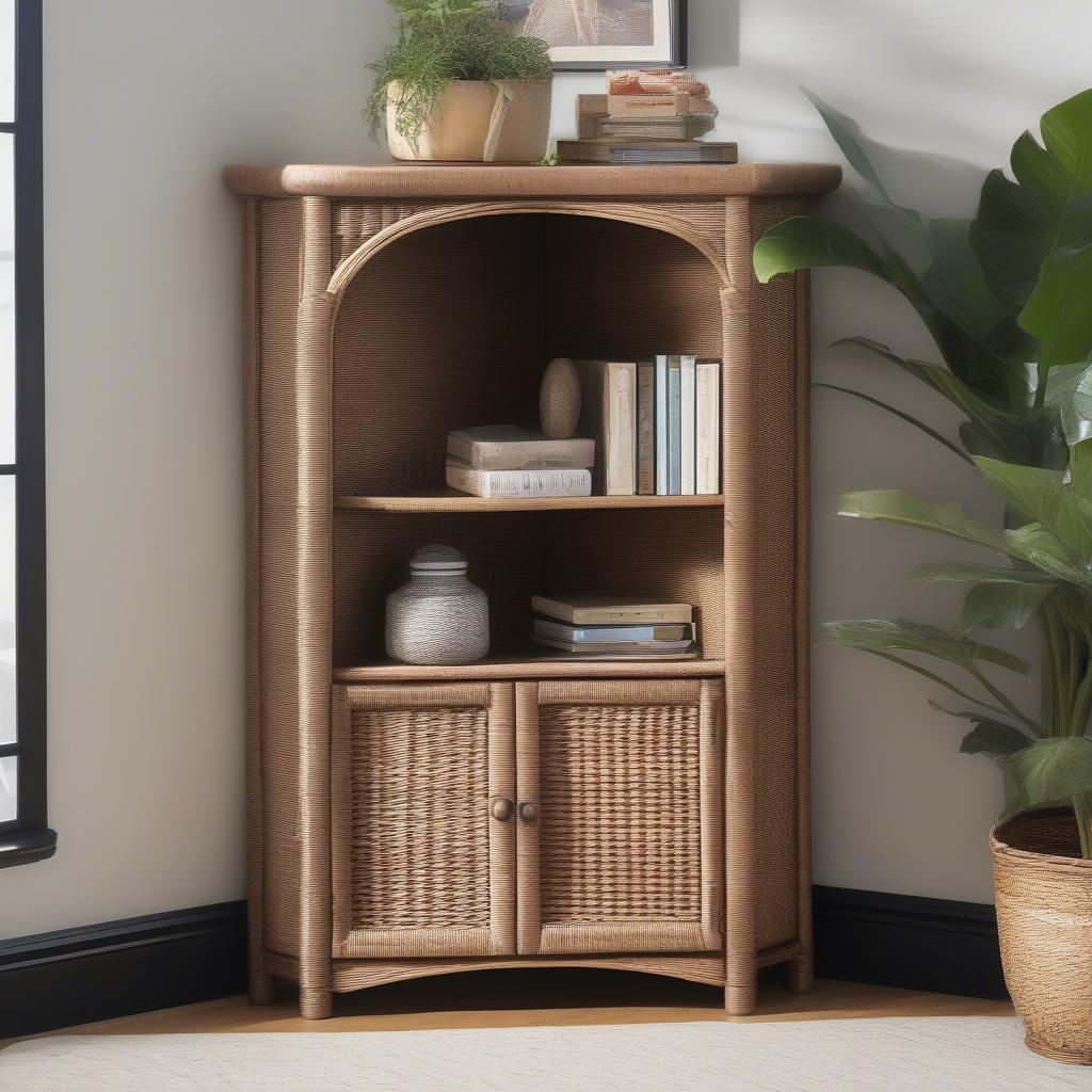 53 Inch Height Wicker Corner Shelf with Base Cabinet