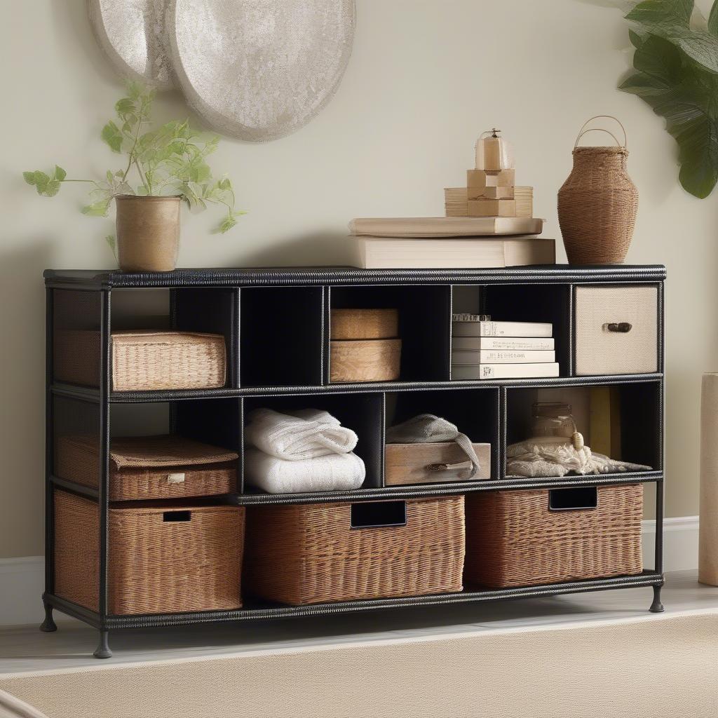 A 6-drawer iron wicker storage unit in a living room setting, showcasing its stylish design and ample storage space.