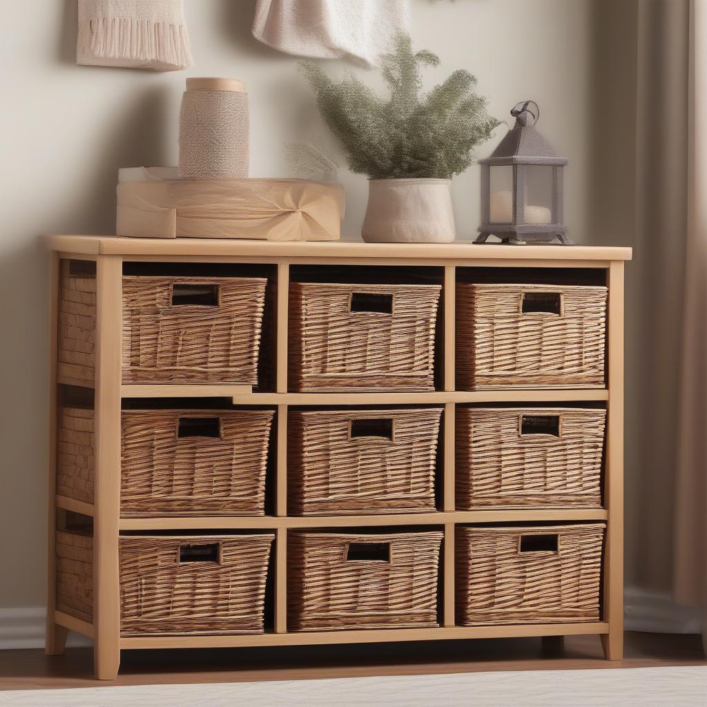 Stylish 6 wicker basket storage unit, approximately 42 inches tall, perfect for organizing various items in any room.