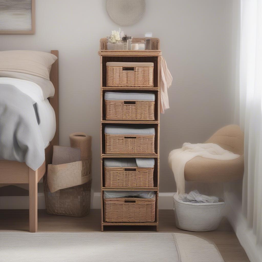 6 Wicker Basket Storage Tower in Bedroom