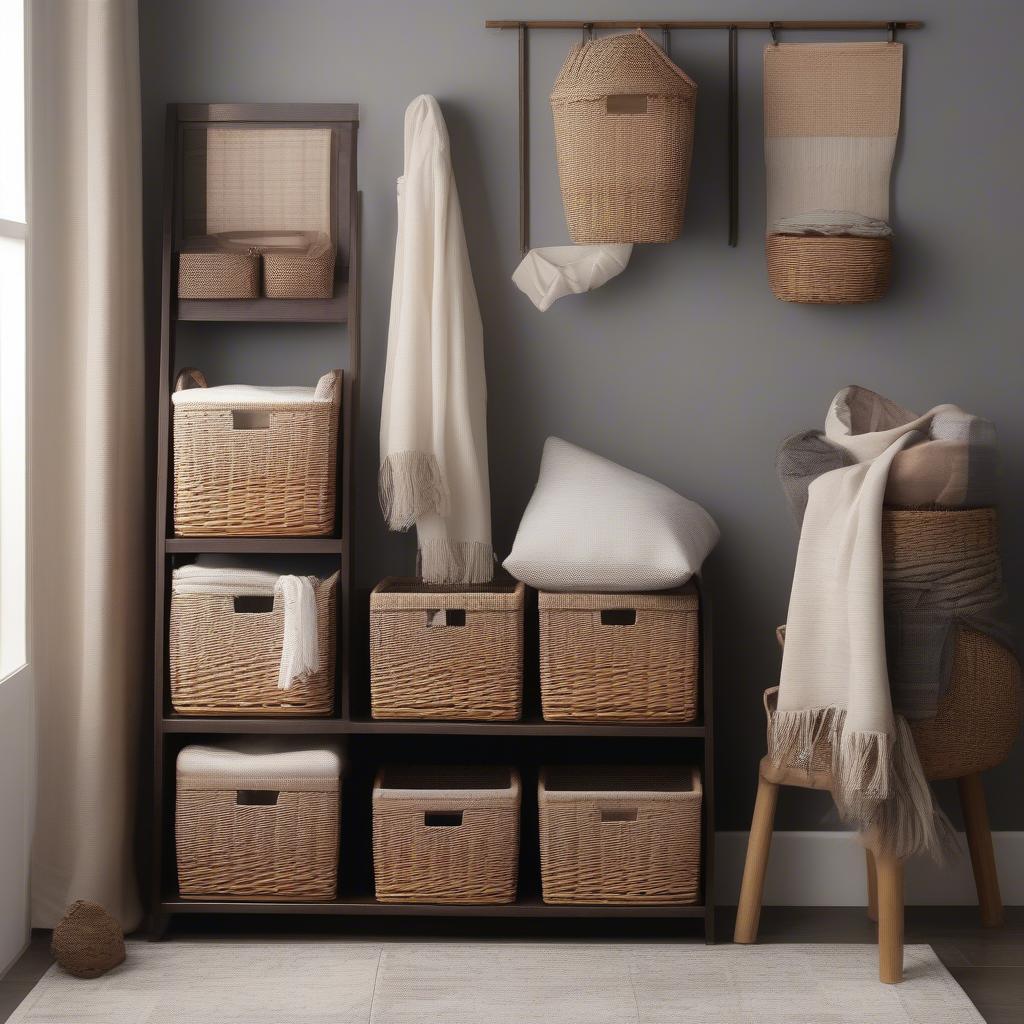 6 wicker basket storage unit used for clothes storage in a bedroom