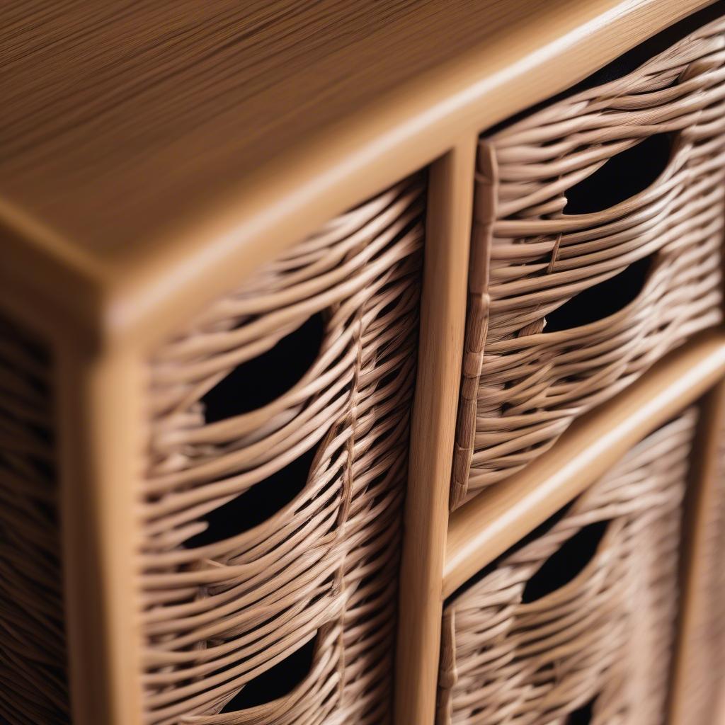 Close-up view of a 6-drawer wicker storage unit