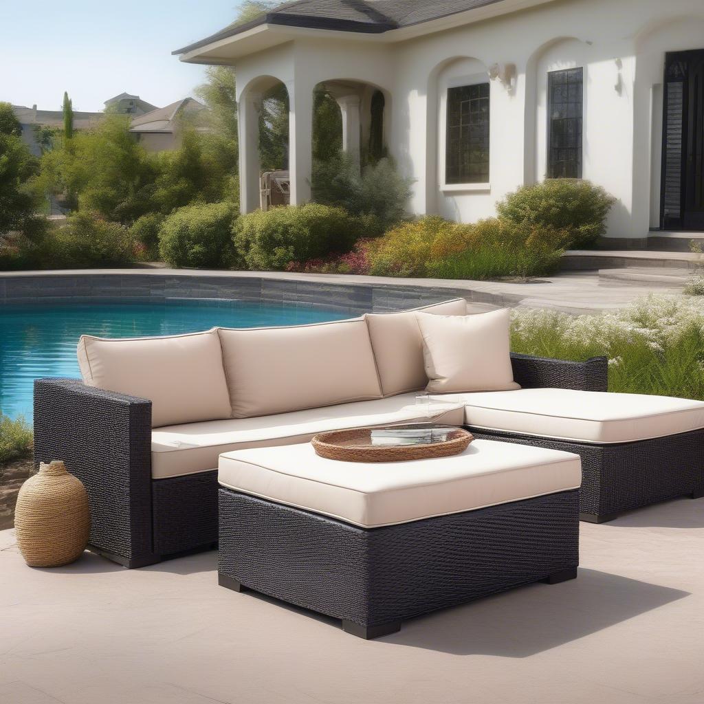 Abbyson Living Newport Outdoor Black Wicker Storage Ottoman styled with outdoor accessories like cushions and a tray.