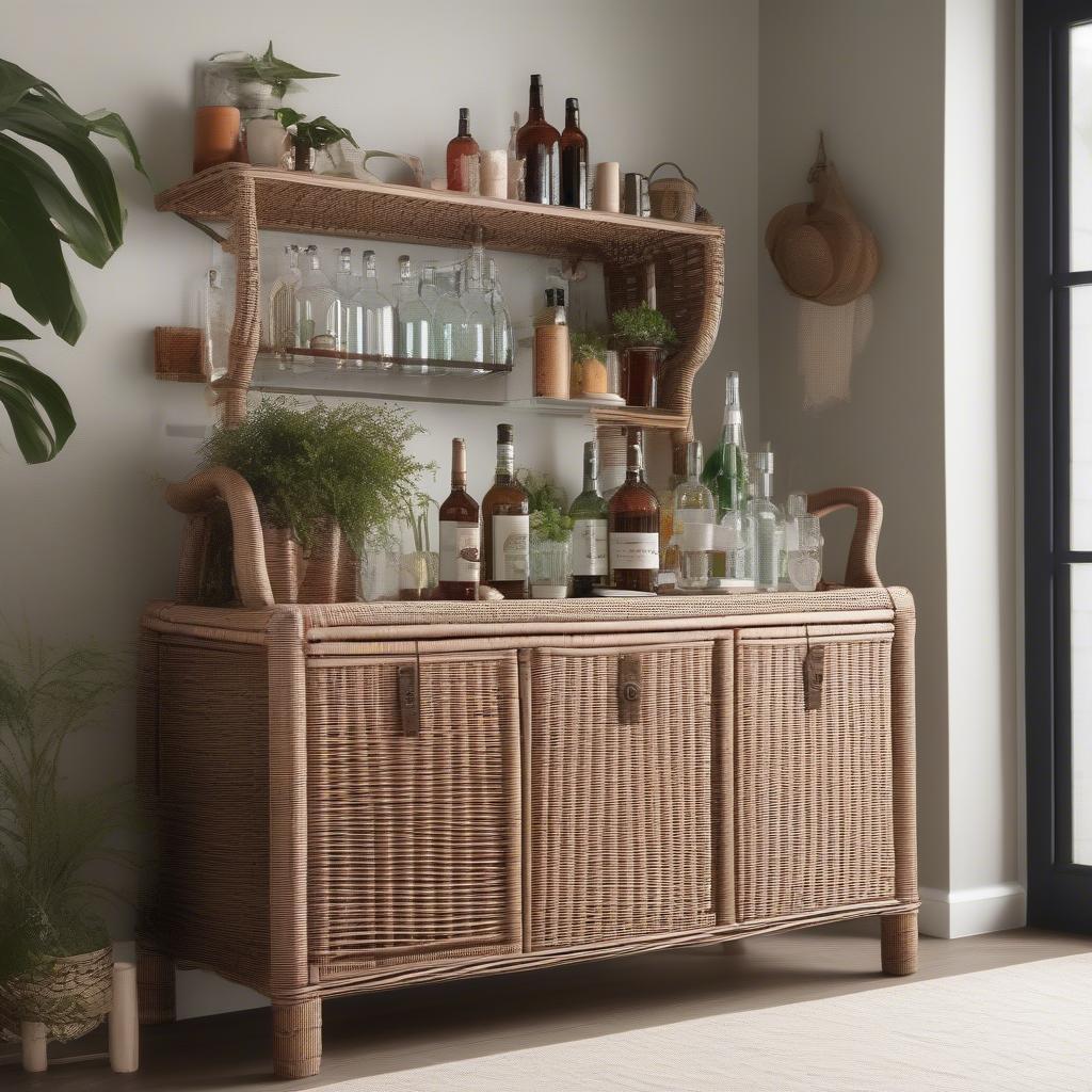 Styled wicker storage bar with accessories