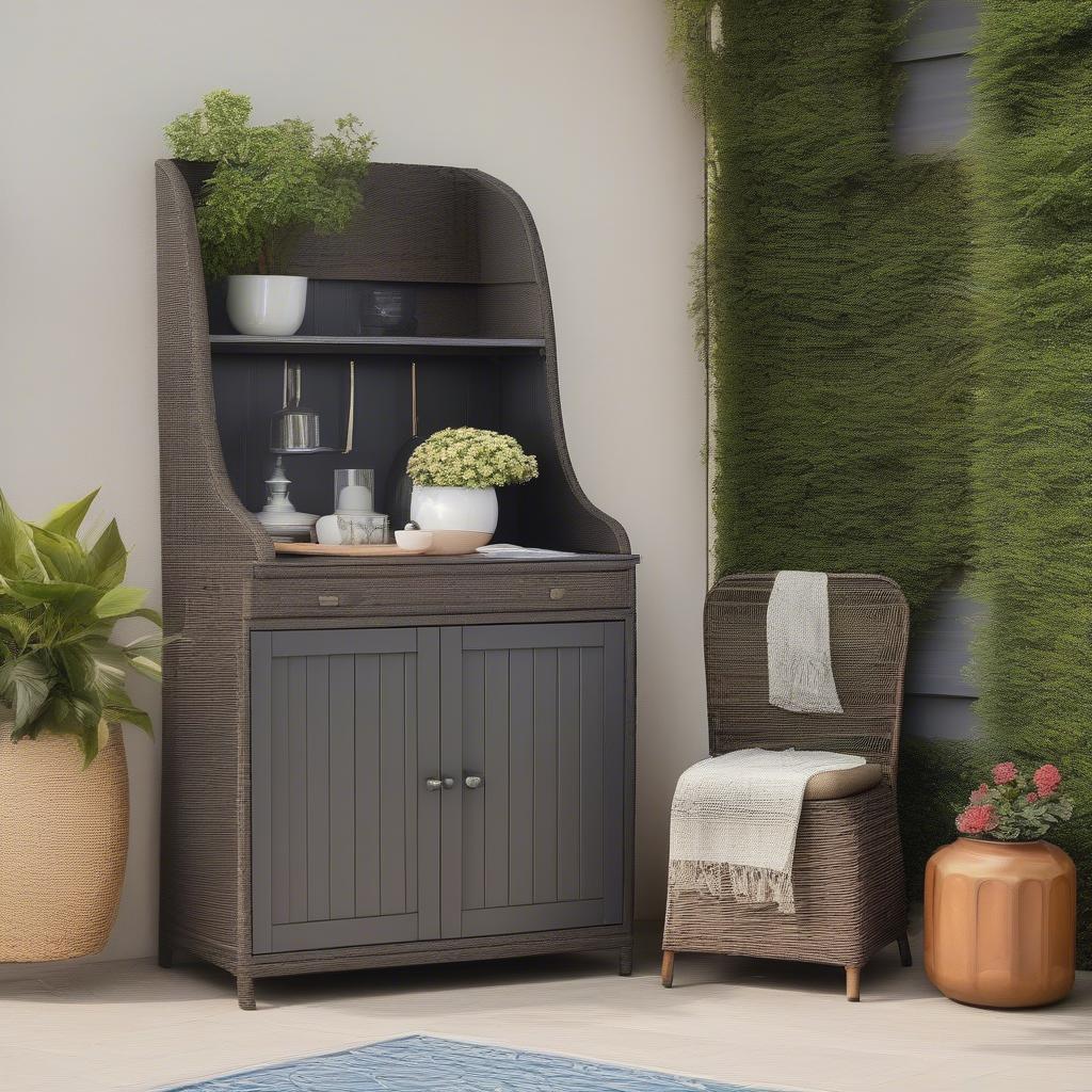 All weather wicker cabinet on a patio with cushions and plants.