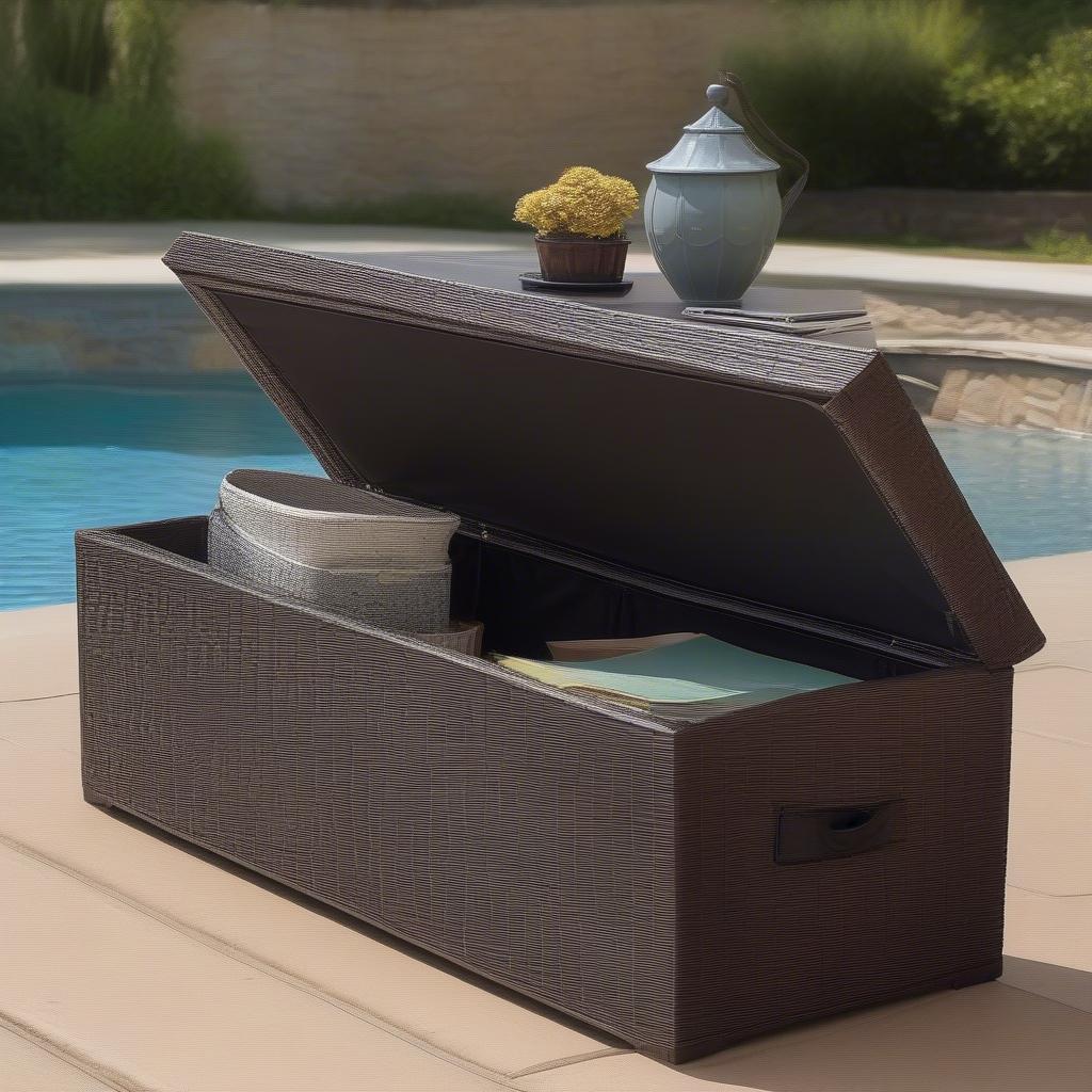 Various all-weather wicker cushion storage options, including deck boxes, storage benches, and coffee tables with built-in storage.