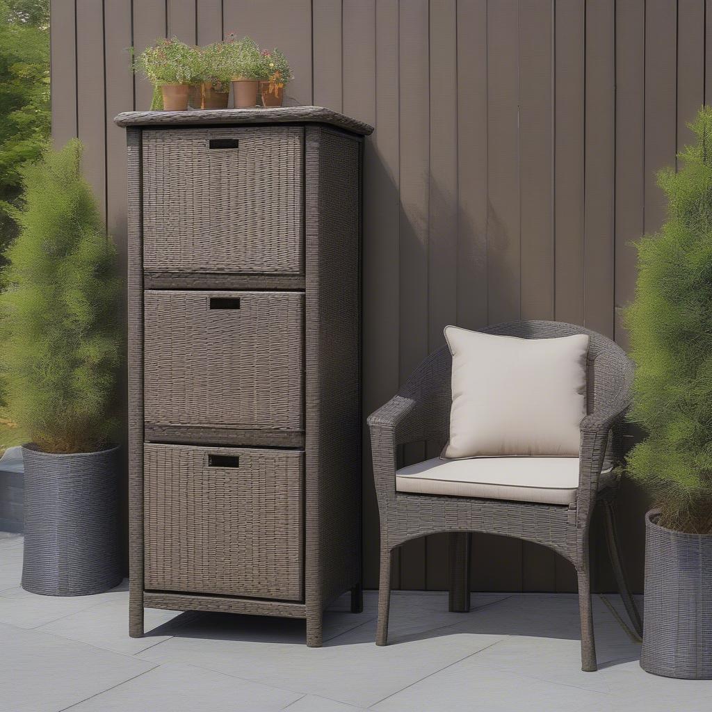 All weather wicker storage cabinet on a patio, showcasing its durability and style.