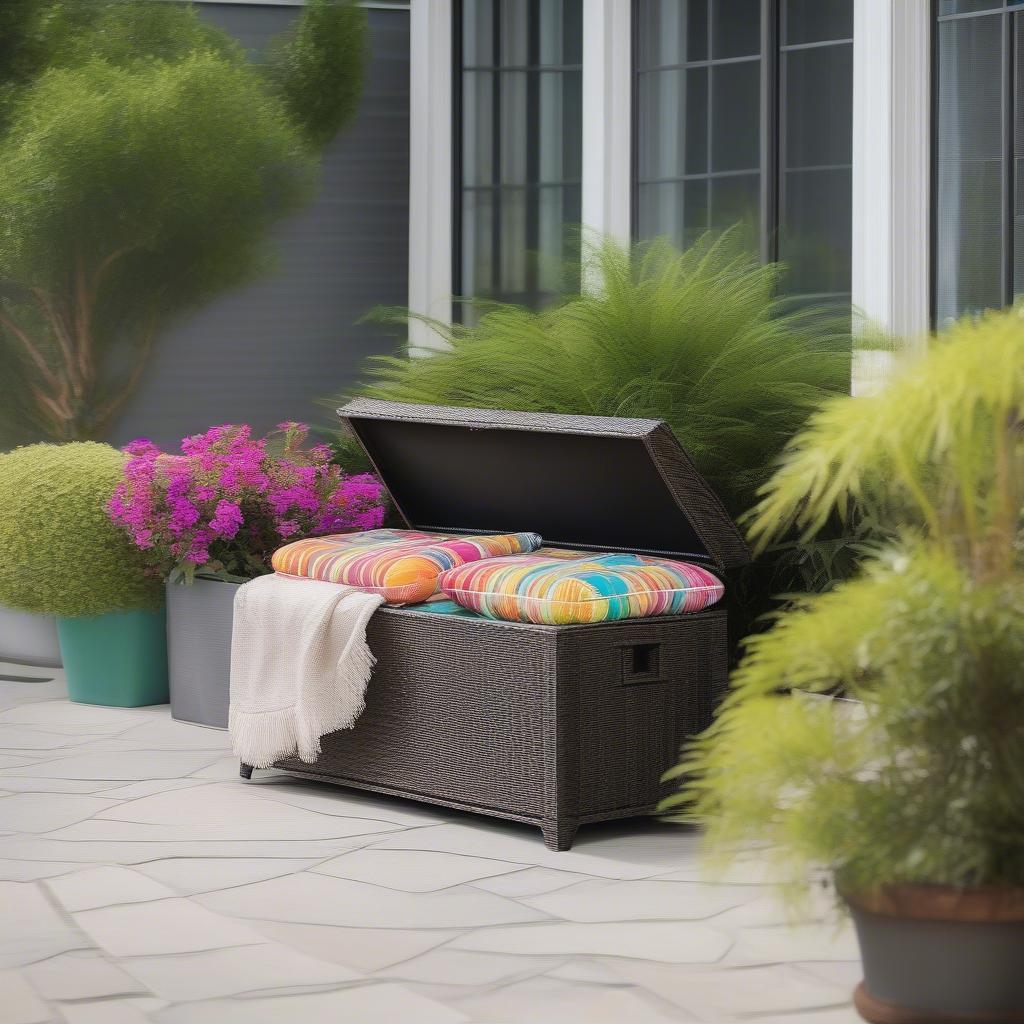 All weather wicker storage chest on an outdoor patio setting with cushions and plants.