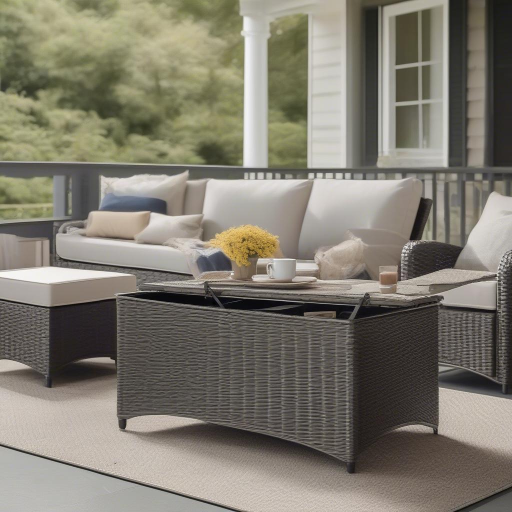 All-weather wicker storage coffee table on a patio.