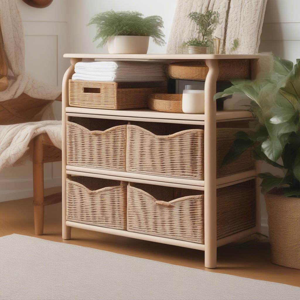 All wicker two drawer storage unit in a living room setting