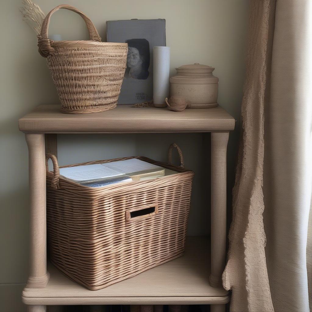 Antique wash wicker lined storage basket on a shelf