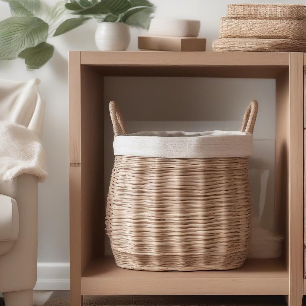 Antique white washed wicker basket with a shelf underneath, displaying its rustic charm and practicality in a living room setting.