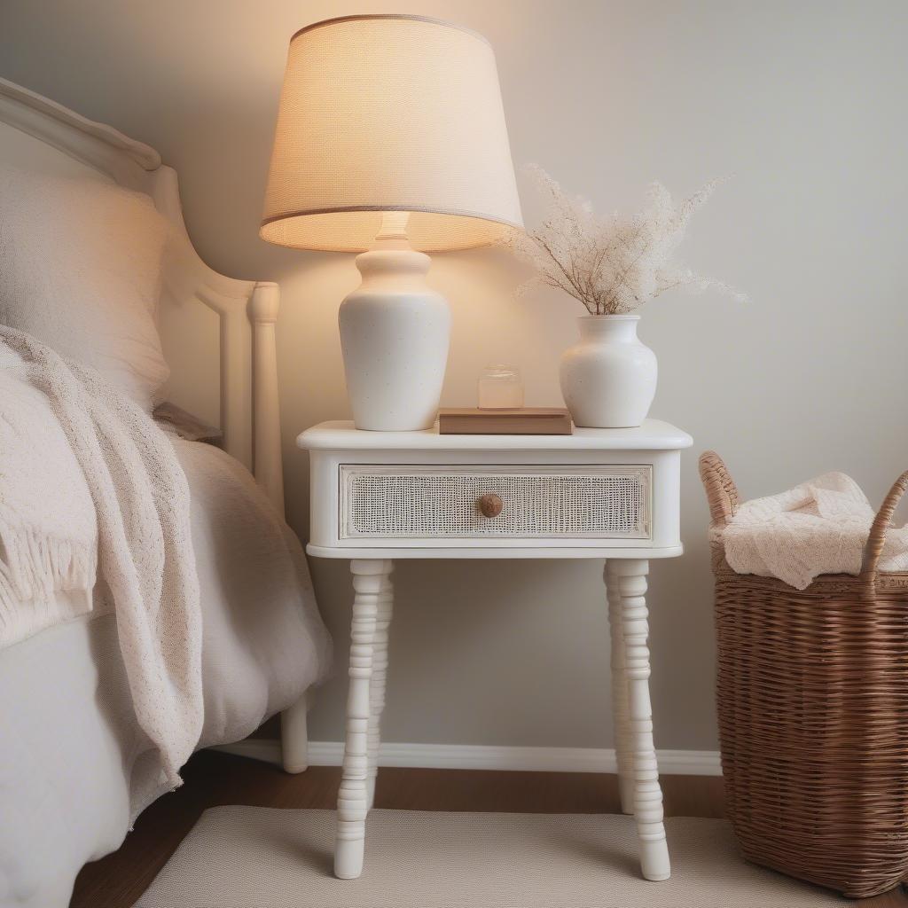 Antique White Wicker Side Table in a Bedroom Setting